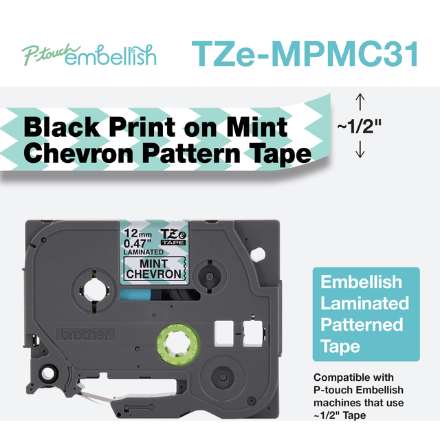 Brother P-Touch Embellish Black Print on Mint Chevron Pattern Tape TZEMPMC31 - ~ Wide x 13.1 Long for use with P-Touch Embellish Ribbon & Tape Printer