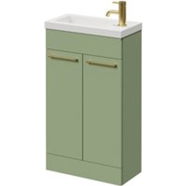 Napoli Slimline Floor Standing 2 Door Vanity Unit with Basin and Brushed Brass Handles | Olive Green | Matt | 500mm