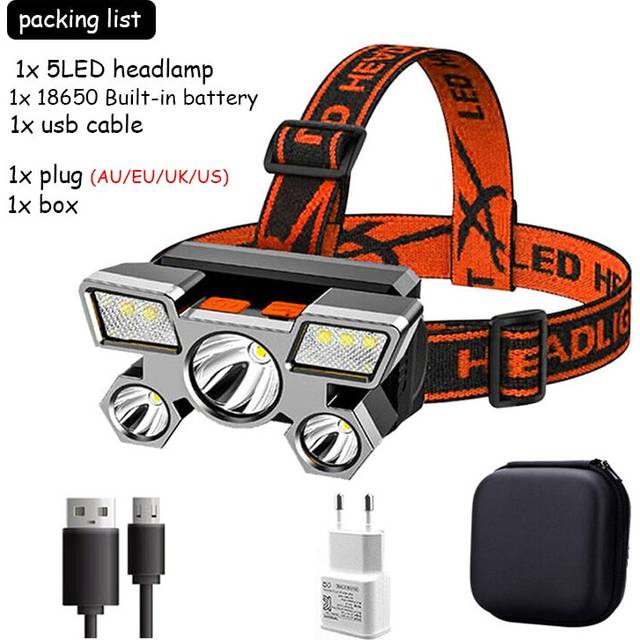 (F Packing) 5LED with Built-in 18650 Battery USB Rechargeable Portable Flashlight Lantern Headlamp Outdoor Camping Headlight Headlamps
