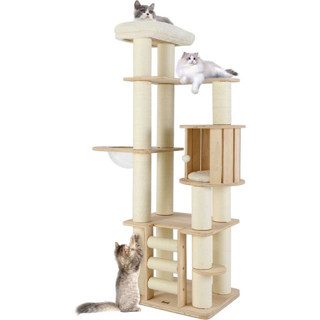180 cm Tall Cat Tree Wooden Cat Tower w/ Cozy Perch & Condo-Natural
