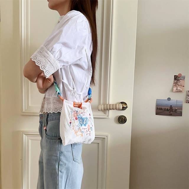 (Mini White Specimen BlueGreen) 45301 Colorful Ins Mini Oxford Cosmetic Bag Featuring Stylish Embroidery For Essentials