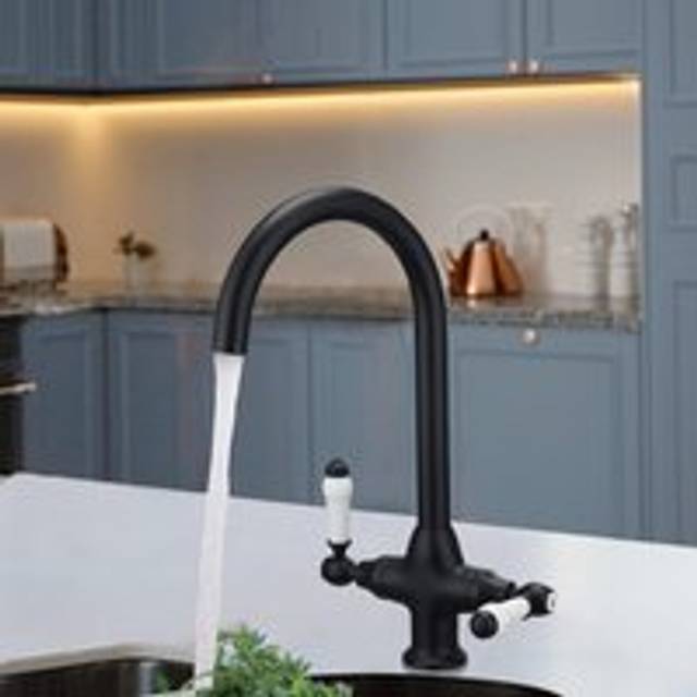 Traditional matte black twin lever kitchen mixer tap with swivel spout