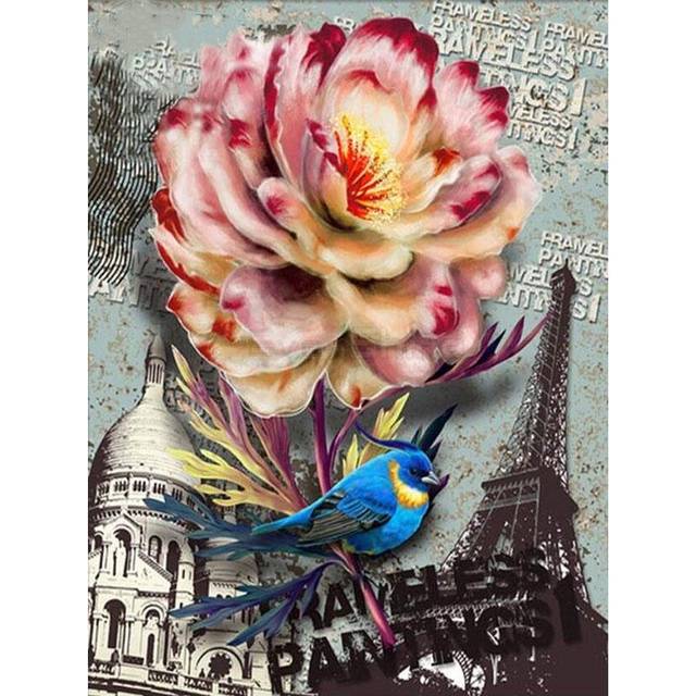 Diamond Painting Full Round Drill Flowers and Blue Bird Pictures of Rhinestones Diamond Embroidery 20X30CM