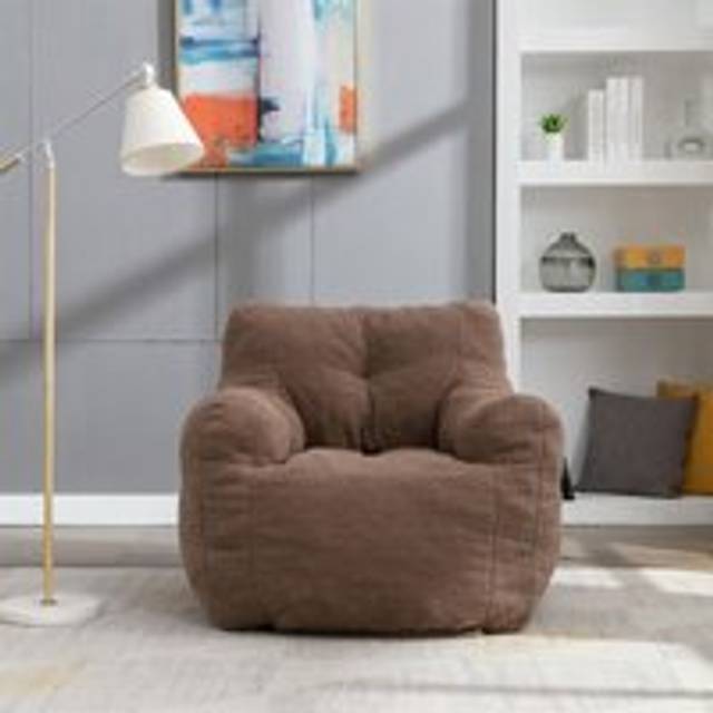 Soft Tufed Foam Bean Bag Chair With Teddy Fabric, Brown