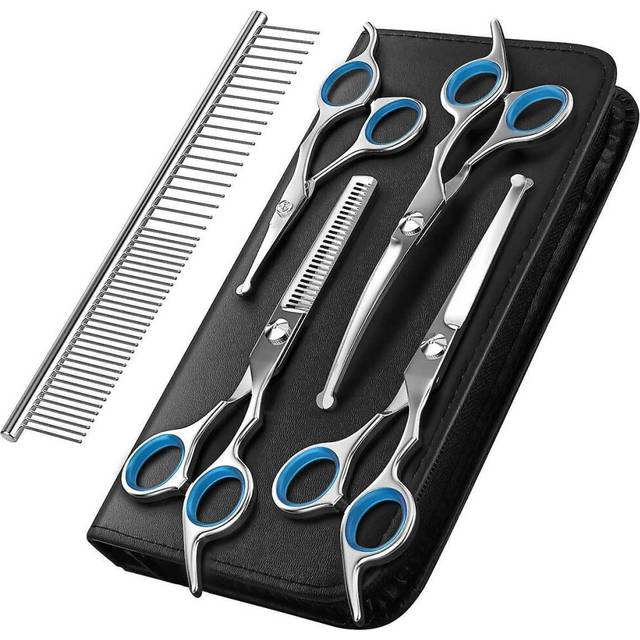 (Blue) Professional Pet Dog Grooming Combs Scissors Kit Straight Curved Thinning Shears