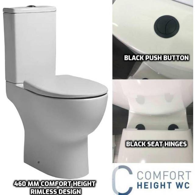 Round high level (comfort raised height) wc pan, cistern & toilet seat black