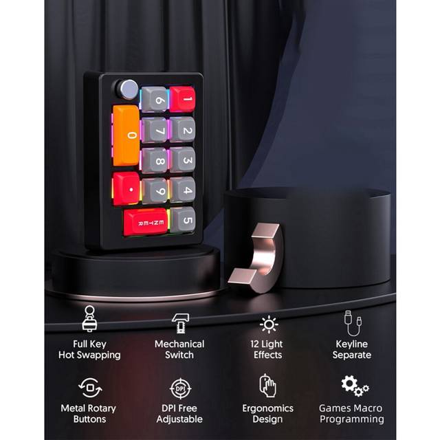 13 Key Macro Programmable Hot Swappable Mechanical Switch 7 Color RGB Light Gaming Mini Keyboard Numeric Keypad Black