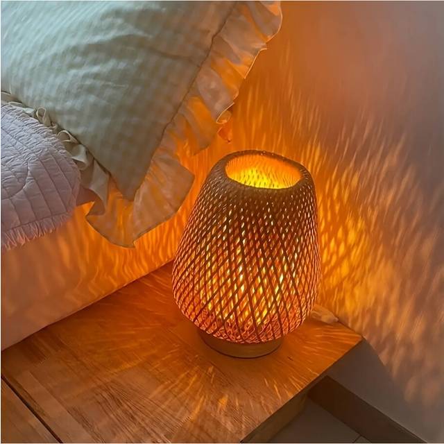 (Tricolor) Bamboo Handmade Natural Wood Base LED Bedside Lamp, Three-Color Dimmable, USB Powered, Bedroom Eye-Care Night Light, Reading Vintage Table