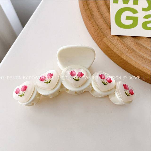 (White Heart Flower) Tulip Flower Stunning Hair Claw Clip For Women Perfect For Stylish Looks