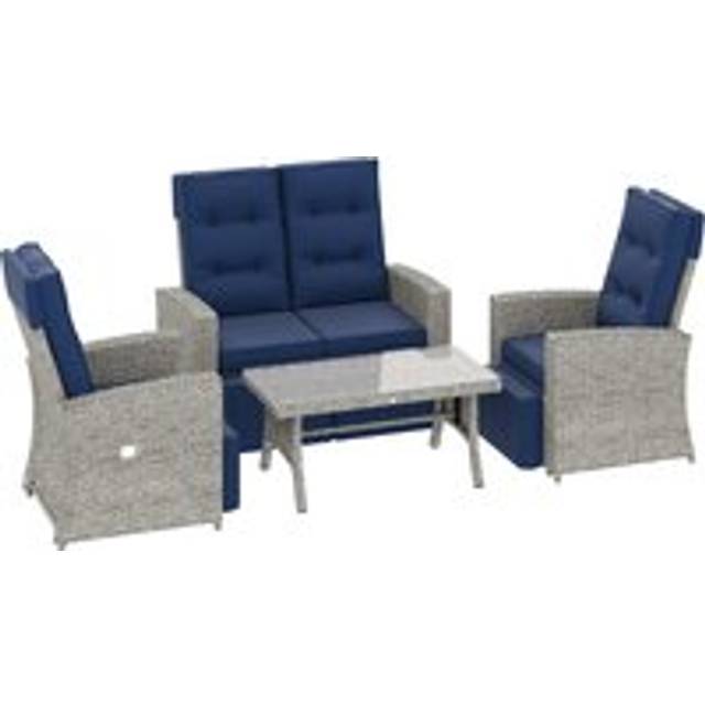 Outsunny 4 Piece Rattan Garden Furniture Sets, 4 Seater Outdoor Sofa Sectional with Wicker Sofa, Reclining Armchair and Glass Table for Poolside, Navy