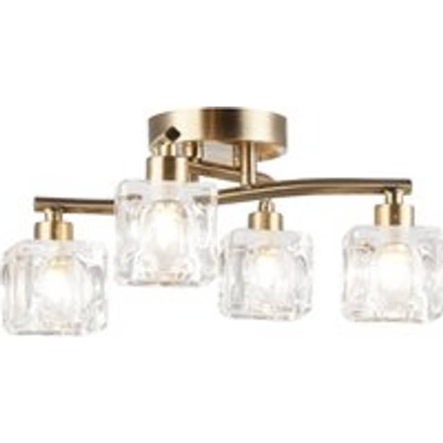 Modern antique brass 4-bulb ceiling light with square clear ice cube shades b...