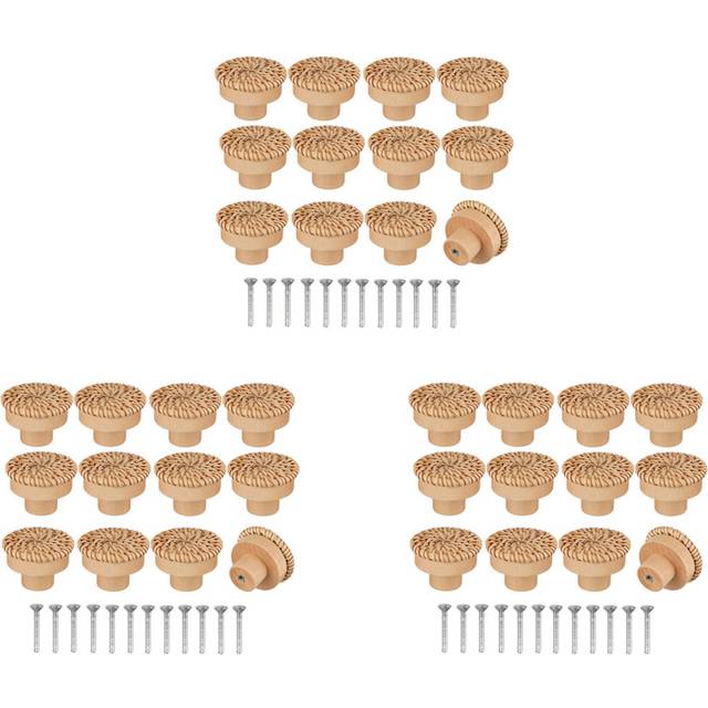 Boho Rattan Dresser Knobs Round Wooden Drawer Knobs Handmade Wicker Woven and Screws for Boho Furniture Knobs 36Pcs