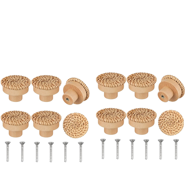 Boho Rattan Dresser Knobs Round Wooden Drawer Knobs Handmade Wicker Woven and Screws for Boho Furniture Knobs 12Pcs
