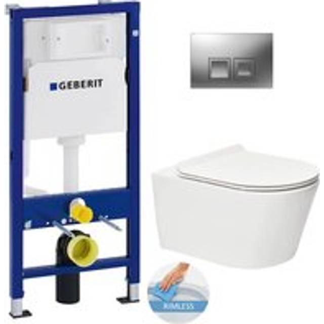 Toilet set Duofix frame 112cm + wc rimless sat Brevis + Ultra-thin seat, softclose + Matt chrome plate (BrevisGeb2) - Geberit