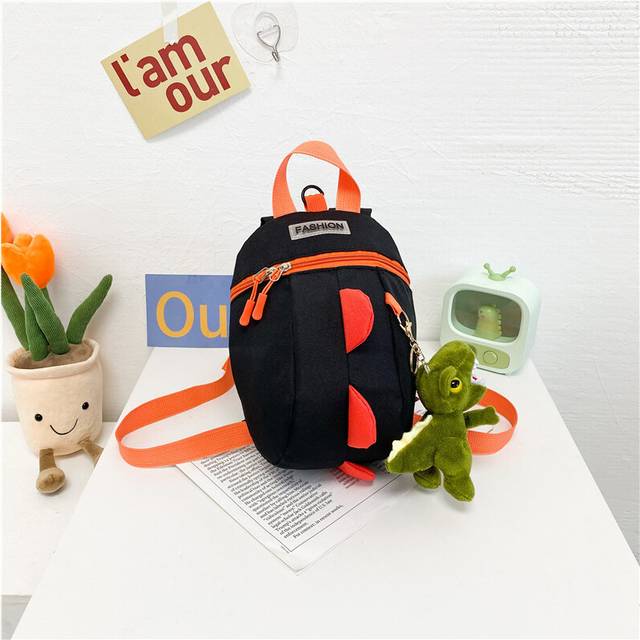 (Black Orange) Dinosaur Charming Print Kids Backpack Soft Canvas Material Ideal For Little Explorers