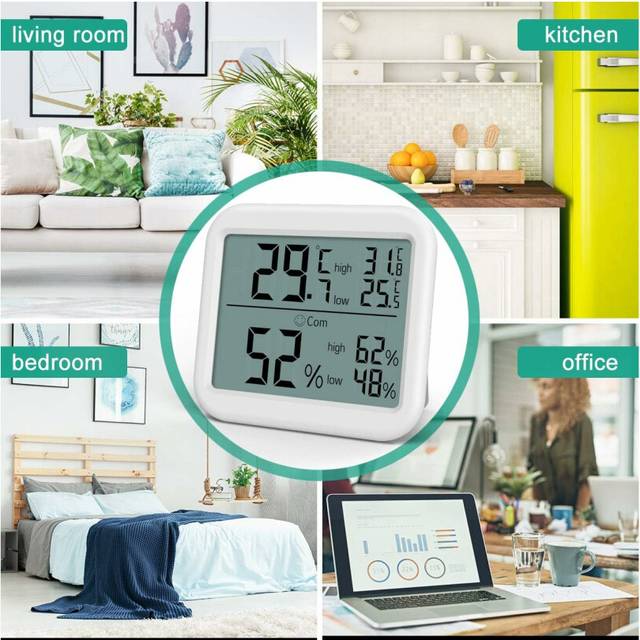 Indoor Thermometer Hygrometer: Room Temperature Gauge Humidity Monitor For Home, Magnetic, Kickstand, Air Comfort Indicator, Time, Date - White