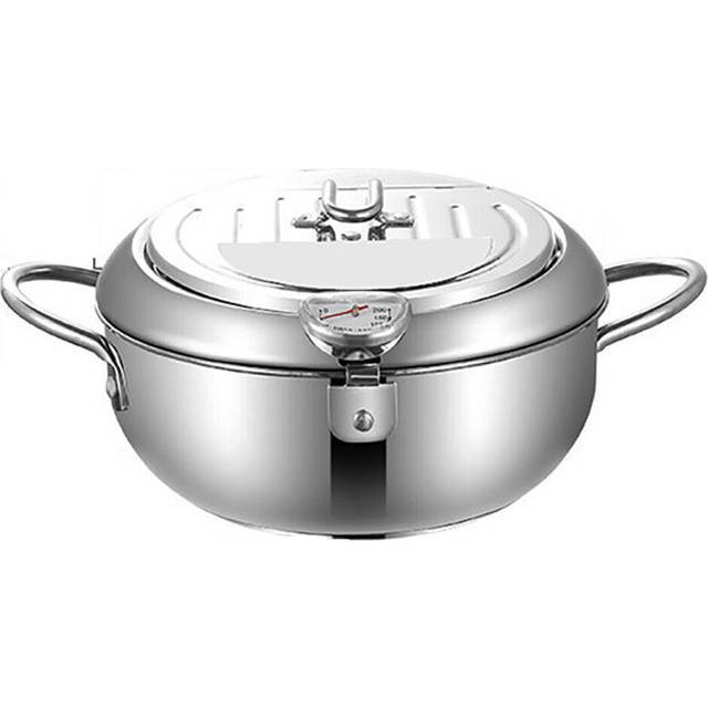 24CM Fryer with Thermometer And Lid 2L 304 Stainless Steel Oil Filter Pot for Kitchen