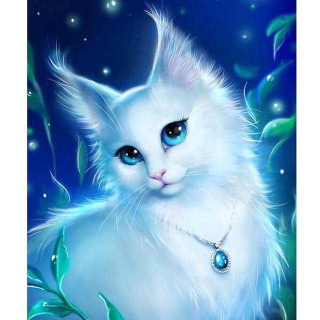 5D DIY Diamond Painting White Cat Embroidery Cross Stitch Rhinestone Mosaic Home Decor 20X30CM