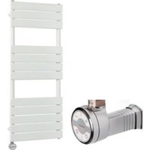 Lustro Electric - Modern White Flat Panel Heated Towel Rail Radiator with Thermostatic Heating Element and Cable Cover - 1200mm x 450mm - Milano