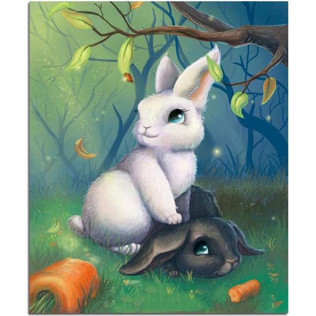 Cartoon Black and White Rabbits 5D DIY Diamond Painting Full Round Bunny Diamond Embroidery 20X30CM