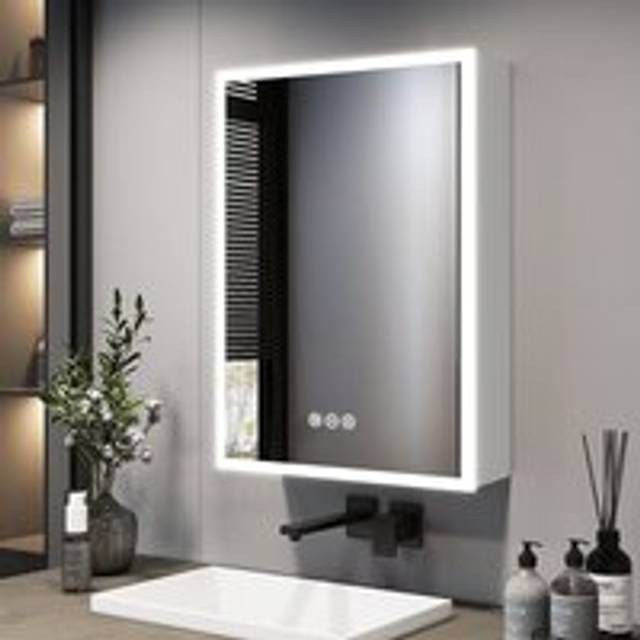 Led Bathroom Cabinet with Mirror 400x600mm Single Door Wall Mounted Bathroom Mirror Cabinet with Shaver Socket, Anti-Fog, Dimmable & 3 Colors - Emke