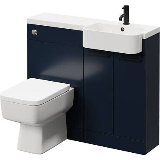 Napoli Combination Vanity Unit Toilet Suite with Right Hand Round Semi Recessed 1 Tap Hole Basin and 2 Doors with Matt Black Handles | Deep Blue | Plastic | 1000mm