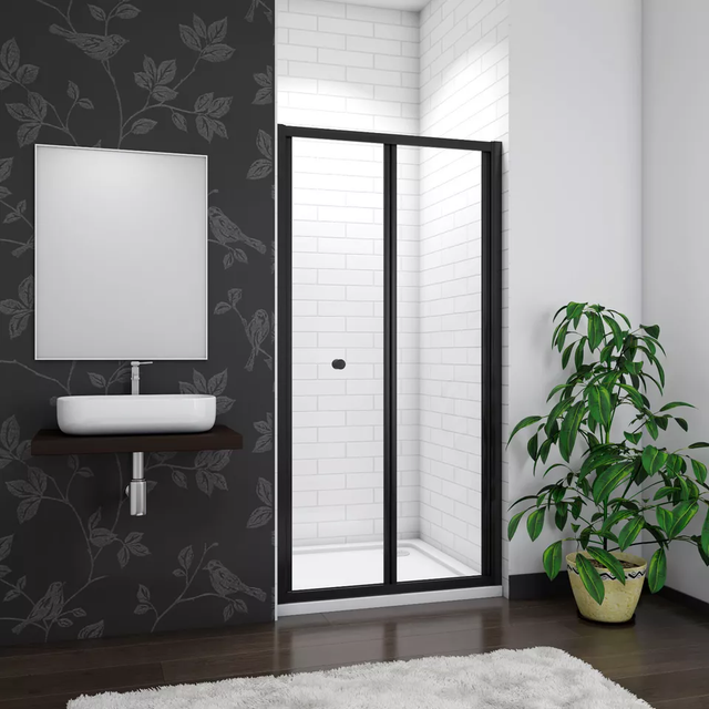 (760mm (No Side Panel)) Matt Black Bifold Framed Shower Door (No Tray)