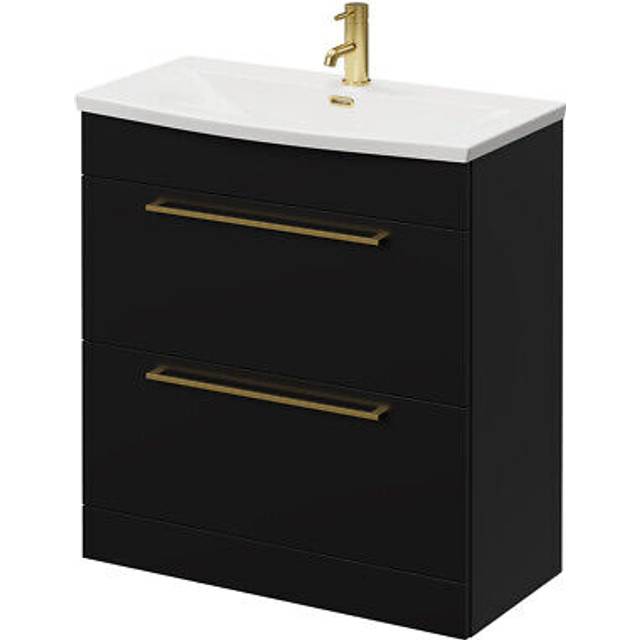 Napoli Floor Standing Vanity Unit with 1 Tap Hole Curved Basin and 2 Drawers with Brushed Brass Handles | Matt Black | MDF | 800mm