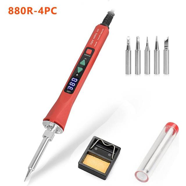 (880R-4PC, EU Plug) 110V/220V 80W LED Digital Electric Soldering Iron with 5PC Welding Tips Soldering Tool Temperature Regulating Welding Iron