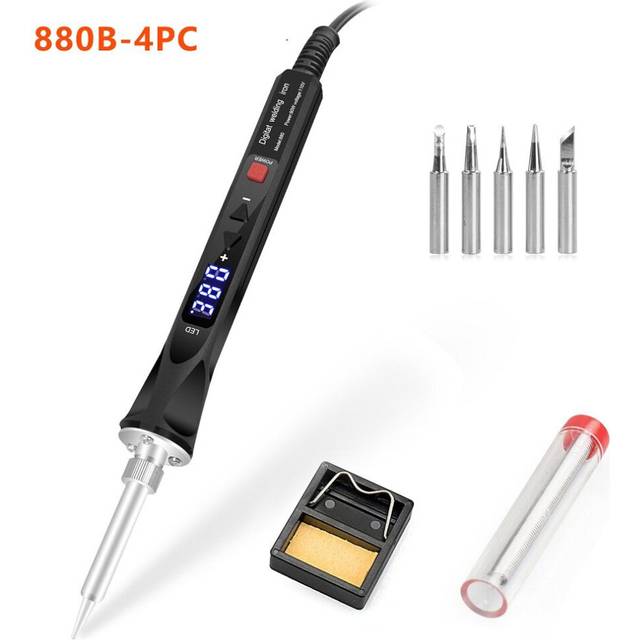 (880B-4PC, EU Plug) 110V/220V 80W LED Digital Electric Soldering Iron with 5PC Welding Tips Soldering Tool Temperature Regulating Welding Iron