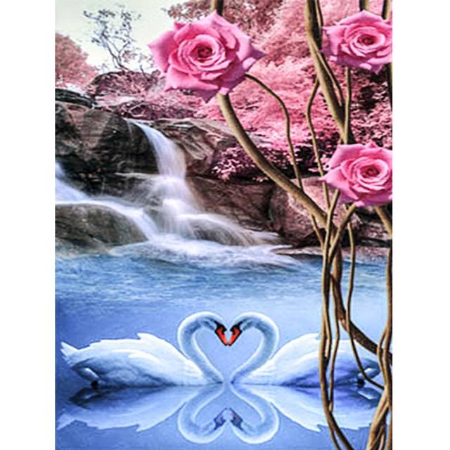 5D DIY Diamond Painting Swans Waterfall Landscape Full Drill Round Diamond Embroidery 20X30CM