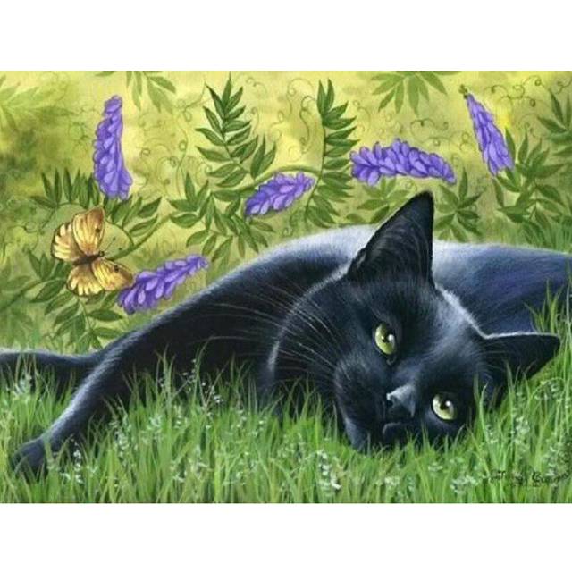 Diamond Painting Cat Black Wall Decor Full Round Rhinestone Pasted Diamond Embroidery 20X30CM