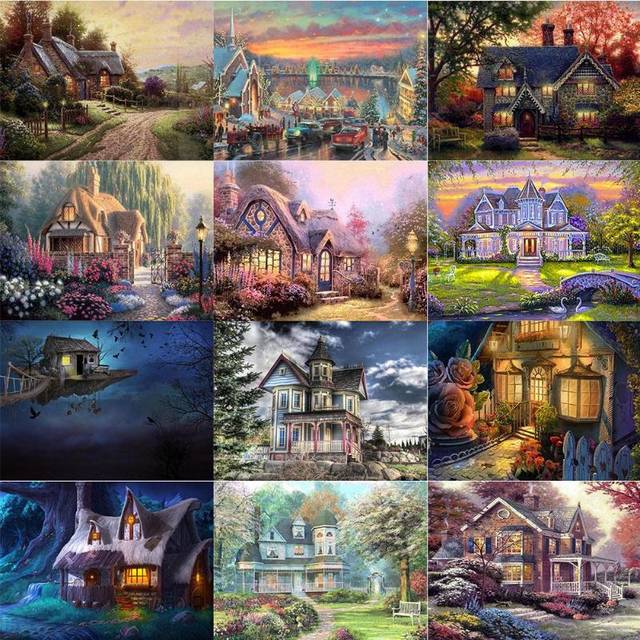 5D DIY Full Drill Diamond Painting House Mosaic Craft Kits Decor Handmade Embroider 20X30CM red