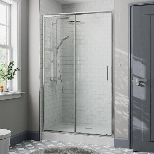 Diamond Sliding Shower Door 1000mm with 1000 x 700mm Raised Non Slip Tray and Waste - 8mm