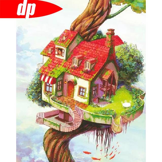 Diamond Painting with Round Stones House Diamond Mosaic Full Layout Tree Home Decoration 20X30CM