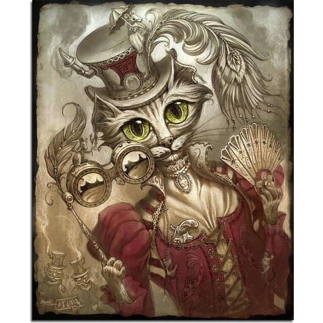 Cat in a Hat With Feather 5D DIY Diamond Painting Animal Full Round Diamond Embroidery 20X30CM