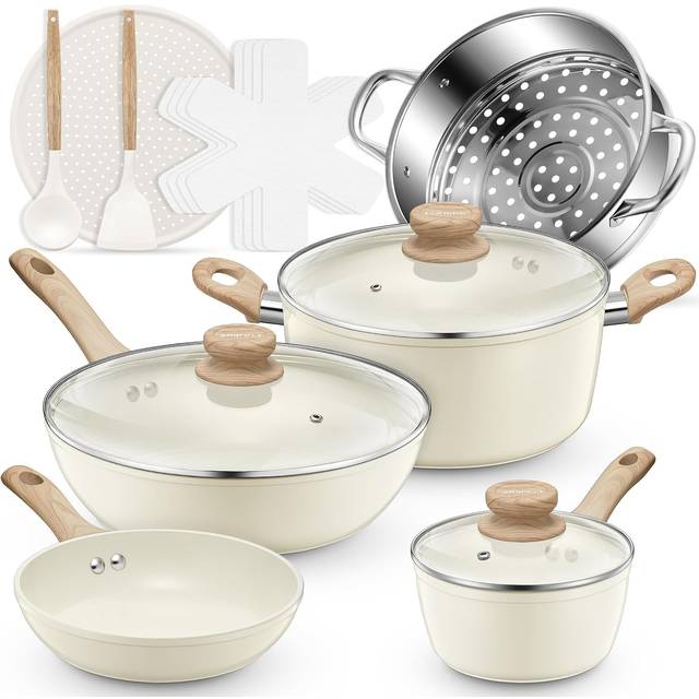 Pots and Pans Set Non Stick, Ceramic Cookware Set, Induction Kitchen Cookware Sets Nonstick with Lid, Pizza Pan, Food Steamer, Saucepans, Frying Pans