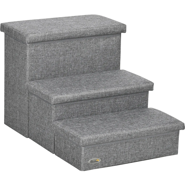 PawHut 3 Step Dog Steps with Storage Boxes - Cat Stairs for Bed Sofa - Light Grey | TJ Hughes