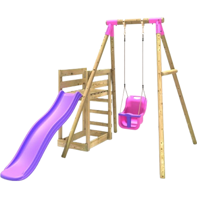 Wooden Single Swing Set with Baby Seat and Slide - Pluto Pink - One Size
