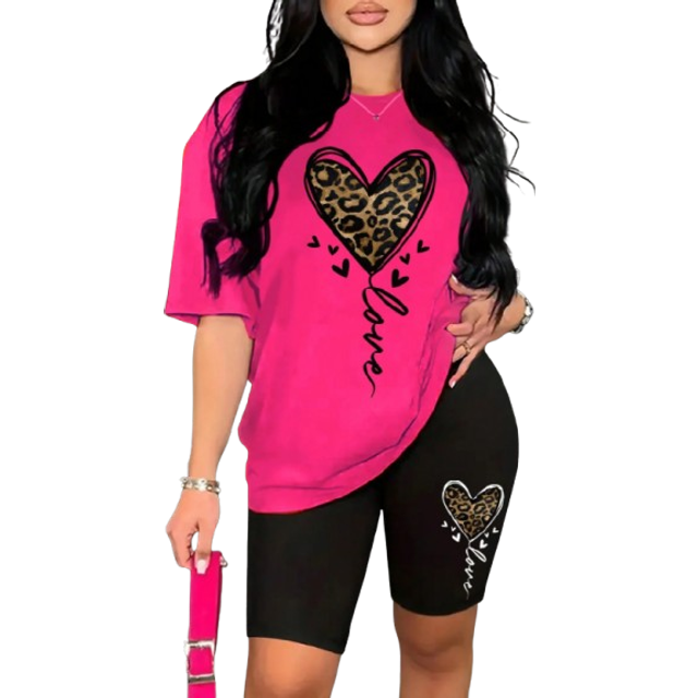 BamGleam 2pcs Women&#39;s Leopard Heart & Love Print Drop Shoulder T-Shirt Set - Casual Short Sleeve Tops For Spring & Summer, Perfect For Valentine&#39;s Day Gifts