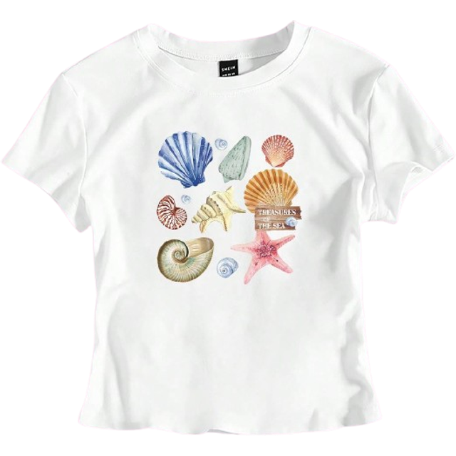 Flirla Women&#39;s Shell And Starfish Printed Tight Cropped T-Shirt Graphic Tees Women Tops