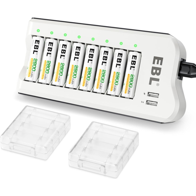 EBL Upgraded 8 Bays AA AAA Battery Charger with USB Ports and 8 Counts 2800mAh AA Batteries, Rechargeable Batteries and Charger Set