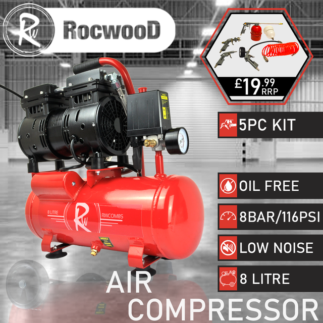 Air compressor rocwood electric 8l litre 550w silent 8bar 116psi 5pc tool kit