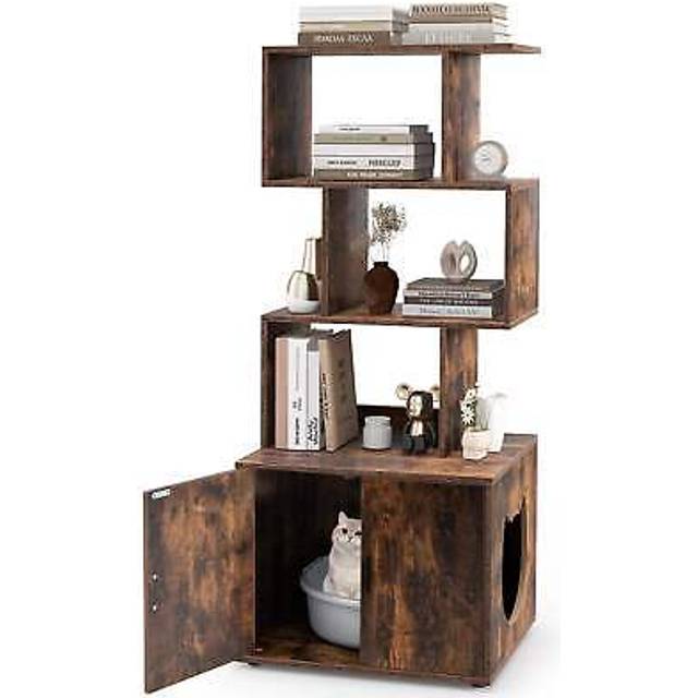 2-in-1 Hidden Cat Litter Box Enclosure with 3 Open Shelves-Rustic Brown