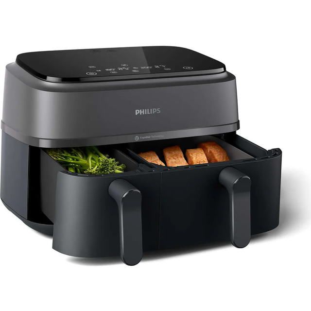 Philips Dual Basket Airfryer 3000, 9 liter, 2 korgar, Frukostkit, Rapid Air-teknik, mångsidig stor airfryer för familjen, 99% mindre fett och energisparande, HomeID App (NA350/03)
