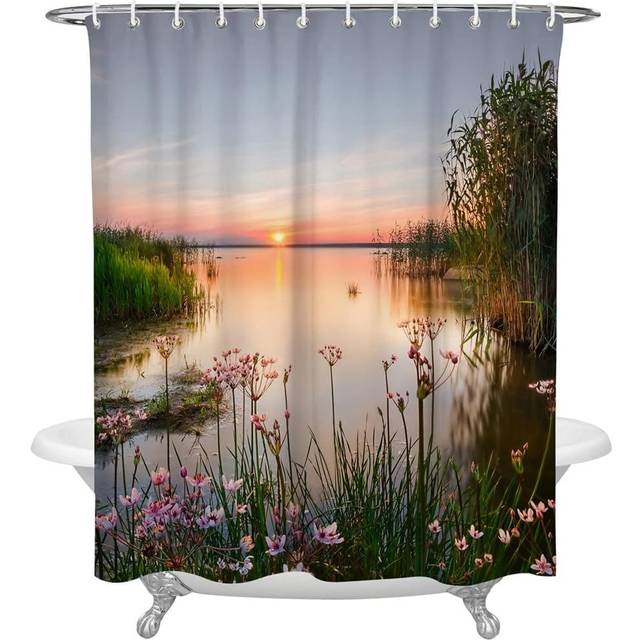 Lake Sunset Plant Blommor Duschgardin Hem Bad Dekorativt polyestertyg Badrumsgardin med krokar (122x183cm)