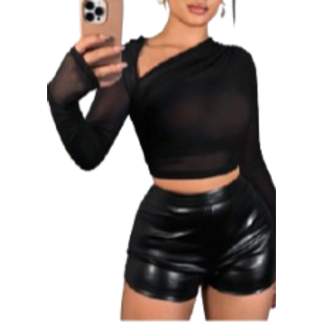 SHEIN Solid Color Asymmetrical Neckline Sheer Mesh Contrast Ruched Long Sleeve Shirt Sexy Women Outfit Pride Clothes Western Wear Birthday Outfit Bacheloret