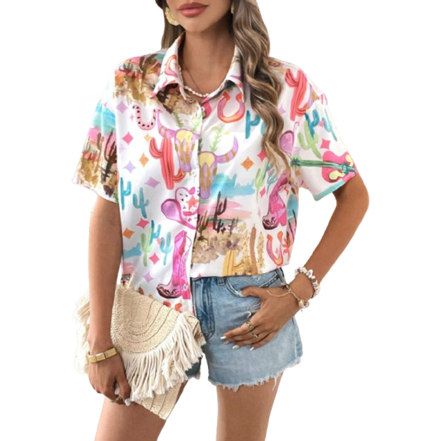 SHEIN Holiday Woven Graffiti Print Pattern Regular Loose Casual Summer Women Shirt,Short Sleeve Tops