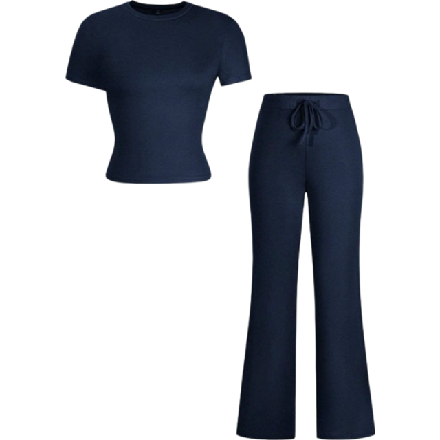 SHEIN 2pcs Women Solid Color Crew Neck Short Sleeve T-Shirt And Drawstring Waist Slim Pants Set