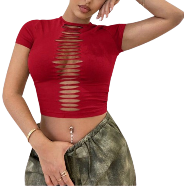 SHEIN Solid Color Distressed Hollow Cutout Tight-Fitting Khaki Top, Spring/Summer Clothing, Music Festival/Concert/Casual Streetwear, Versatile Country Conc